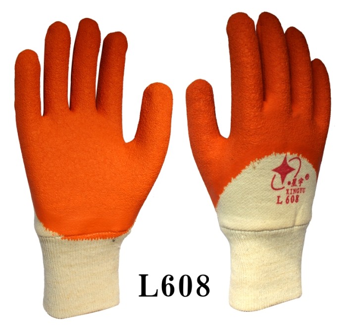 L608 罗口针织绒布乳胶皱纹半浸手套